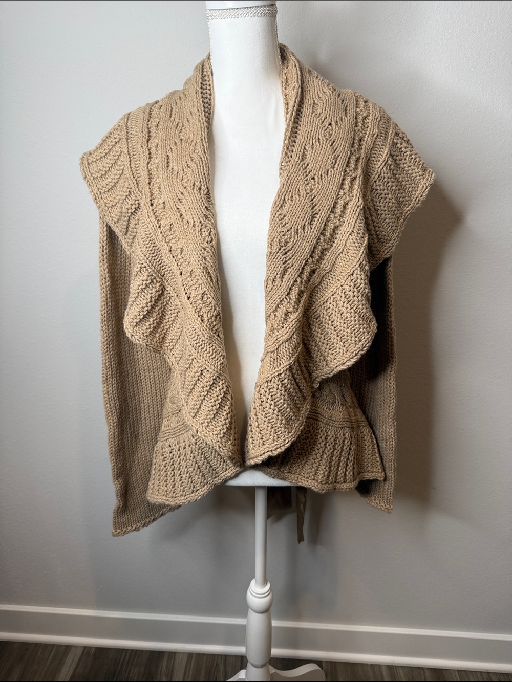 New York & Company Ruffled Shawl Collar Cardigan - Beige Size Large Boho Fairy